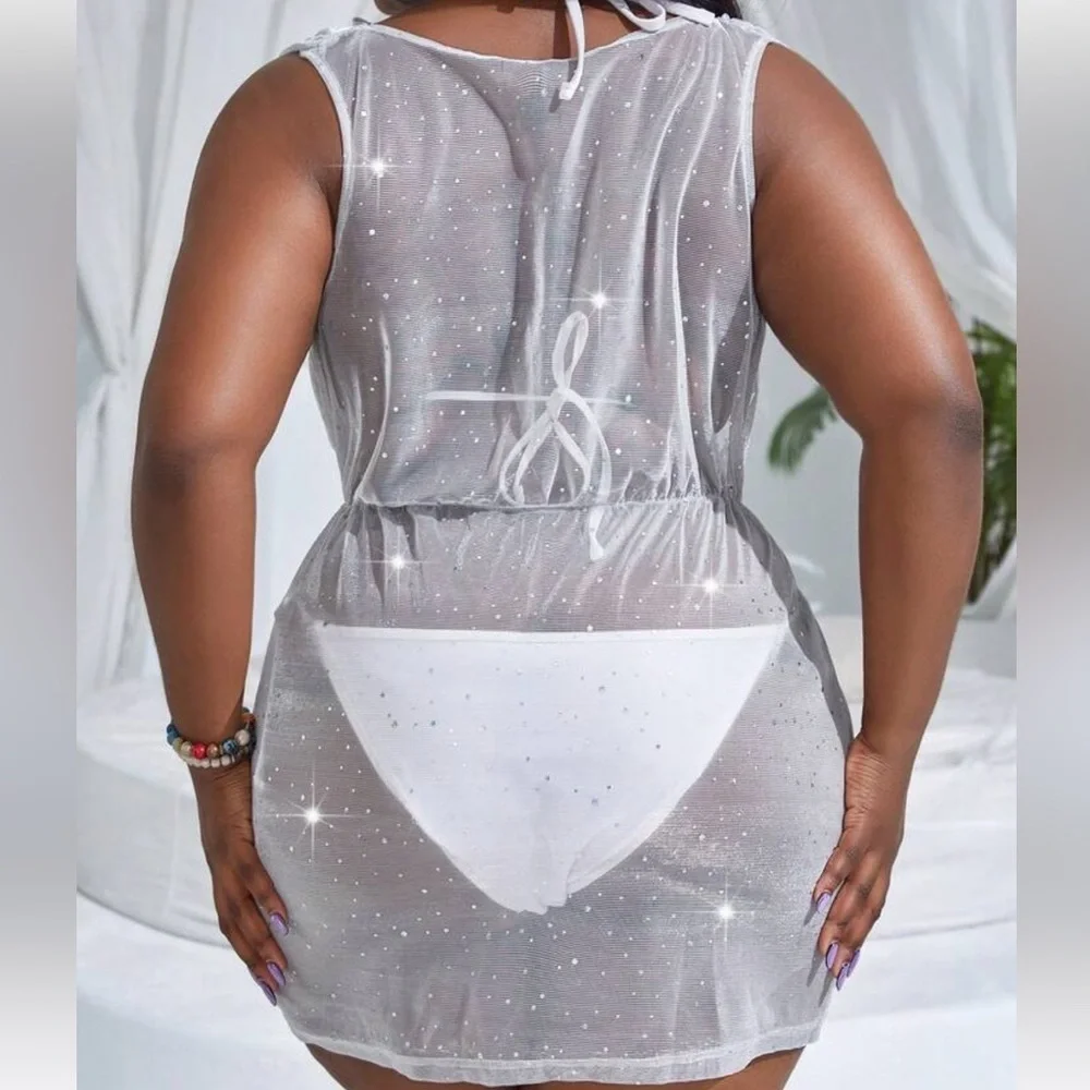Shein Swim Vcay Plus Draped Collar Mesh Cover Up Dress